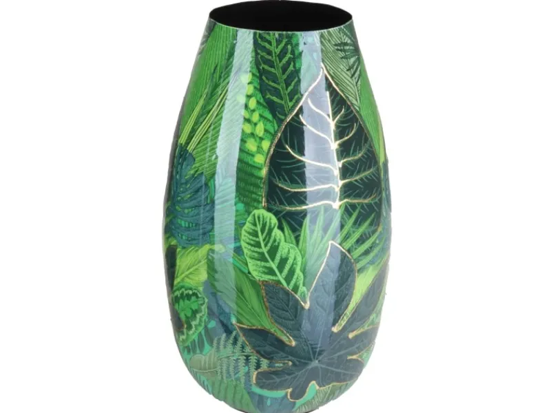 A.H.G. Vasen^Vase Flora Metall Blätterprint Gold-Reflexe 15 cm x 28 cm Grün