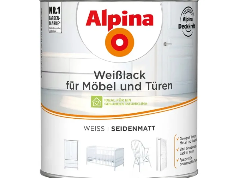 Alpina Weißlacke|Grundierung^Weißlack für Möbel & Türen seidenmatt 2 Liter