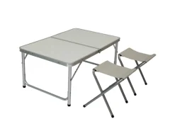 AMANKA Klappbarer Campingtisch 90 x 60 x 70 cm inkl. 2 Aluminium Hocker Hellgrau