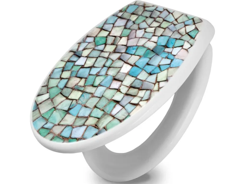 Banjado Toilettendeckel Mit Absenkautomatik WC-Sitz Soft Close Weiß Hygienischer Duroplast Leichte Montage Mit Motiv Mosaik Blau