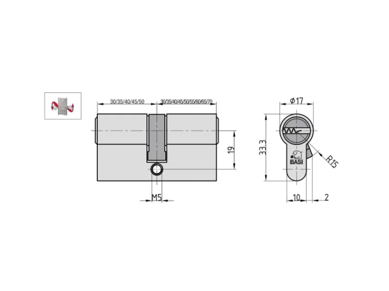 Basi Stifte^- V55 - Profil-Doppelzylinder - 30/30 mm - Verschiedenschließend - Not- und Gefahrenfunktion