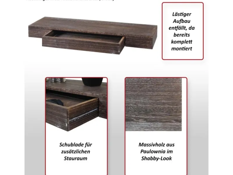 BERLINLODGE Wandregal HxBxT 8x80x25cm Schublade Massiv-Holz Schweberegal Wandboard Hängeregal Regal