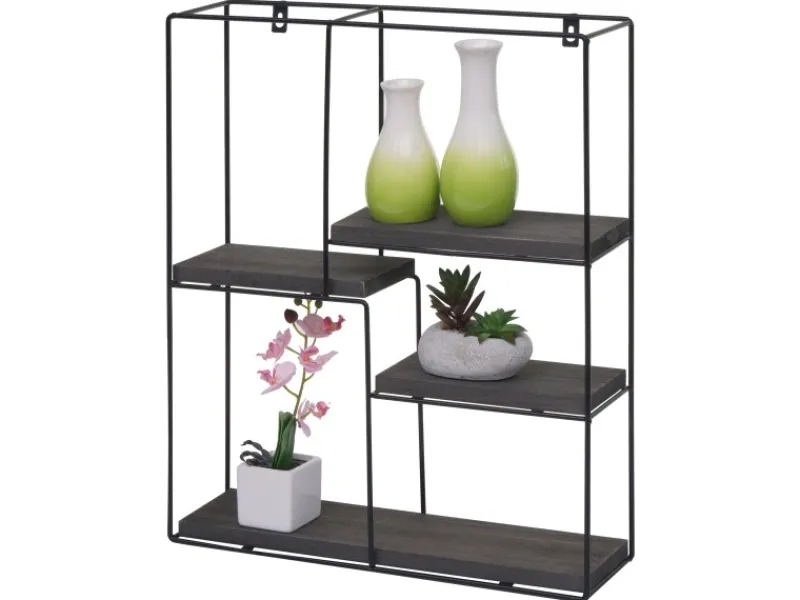 BERLINLODGE Schweberegale^Wandregal Rechteckig HxBxT 51x40x11cm 4 Regalböden Metall Massiv-Holz Industrial Dunkel Hängeregal Schweberegal Regal