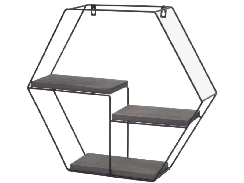 BERLINLODGE Schweberegale^Wandregal Sechseckig HxBxT 43x49x11cm 3 Regalböden Metall Massiv-Holz Industrial Dunkel Hängeregal Schweberegal Regal