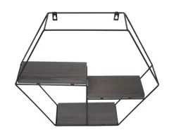 BERLINLODGE Schweberegale^Wandregal Sechseckig HxBxT 43x49x11cm 3 Regalböden Metall Massiv-Holz Industrial Dunkel Hängeregal Schweberegal Regal