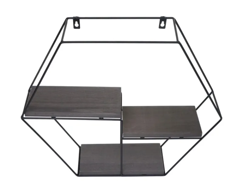 BERLINLODGE Schweberegale^Wandregal Sechseckig HxBxT 43x49x11cm 3 Regalböden Metall Massiv-Holz Industrial Dunkel Hängeregal Schweberegal Regal