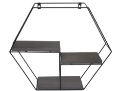 BERLINLODGE Schweberegale^Wandregal Sechseckig HxBxT 43x49x11cm 3 Regalböden Metall Massiv-Holz Industrial Dunkel Hängeregal Schweberegal Regal