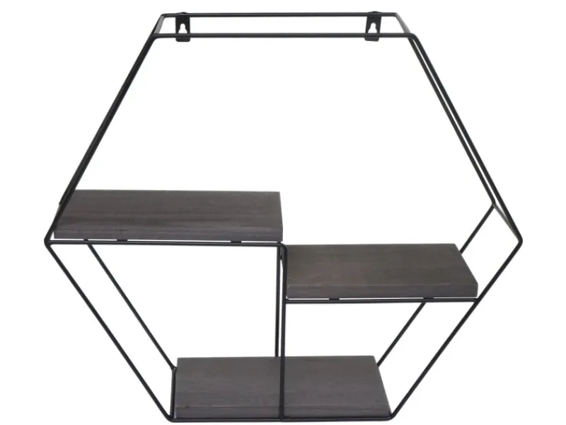 BERLINLODGE Schweberegale^Wandregal Sechseckig HxBxT 43x49x11cm 3 Regalböden Metall Massiv-Holz Industrial Dunkel Hängeregal Schweberegal Regal