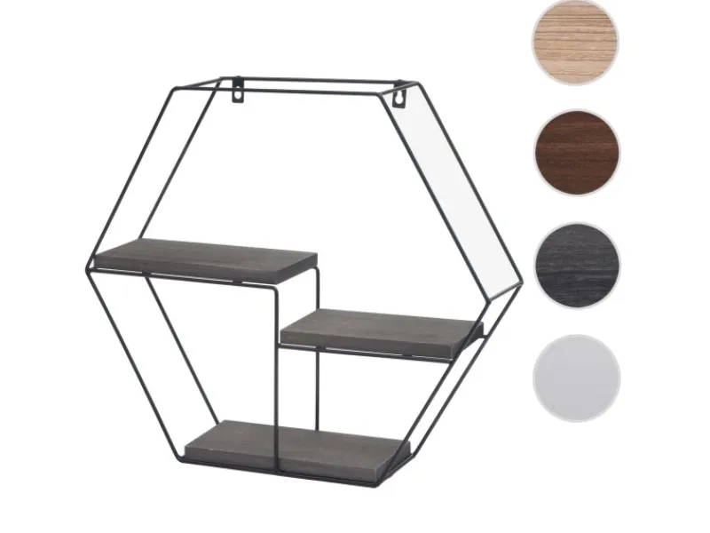 BERLINLODGE Schweberegale^Wandregal Sechseckig HxBxT 43x49x11cm 3 Regalböden Metall Massiv-Holz Industrial Dunkel Hängeregal Schweberegal Regal