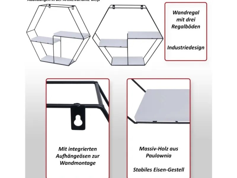 BERLINLODGE Schweberegale^Wandregal Sechseckig HxBxT 43x49x11cm 3 Regalböden Metall Massiv-Holz Industrial Dunkel Hängeregal Schweberegal Regal
