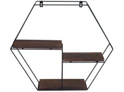 BERLINLODGE Wandregal Sechseckig HxBxT 43x49x11cm 3 Regalböden Metall Massiv-Holz Industrial Dunkel Hängeregal Schweberegal Regal