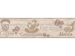 Bricoflor Kaffee Tapete als Bordüre in Beige Küchenbordüre mit Kaffeebohnen und Espresso Papier Tapetenbordüre in Holzoptik Ideal für Küche und Cafe