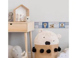 Bricoflor Kinderzimmer Tapeten Bordüre mit Teddy Bär Babyzimmer Bordüre in Blau und Beige Selbstklebende Tapetenborte Kariert