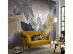 Bricoflor Tapetenmuster^Lilien Tapete Grafisch Vlies Fototapete mit Blumen in Grau Gold Ideal für Wohnzimmer und Schlafzimmer Florale Vliestapete Ausgefallen