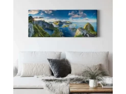 Bricoflor Panorama Bild Mit Berglandschaft Wandbild Mit Meer Motiv In Blau Und Grün Feld Landschaft Auf Leinwand Ideal Für Schlafzimmer Und Flur