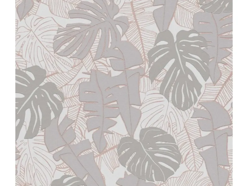 Bricoflor Tapetenmuster^Tapete mit Monstera Graue Vliestapete mit Palmenblättern Tropische Mustertapete in Grau mit Kupfer Metallic Effekt
