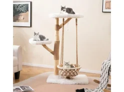 Katzenbedarf^Costway Kratzbaum Holz mit Hängekorb Seil Echten Holzästen 123 cm Weiß