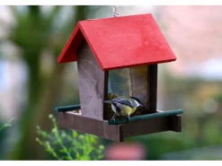 Dobar Vogelhaus mit Acrylglas-Futtersilo 16 cm x 21 cm x 20 cm Braun-Rot