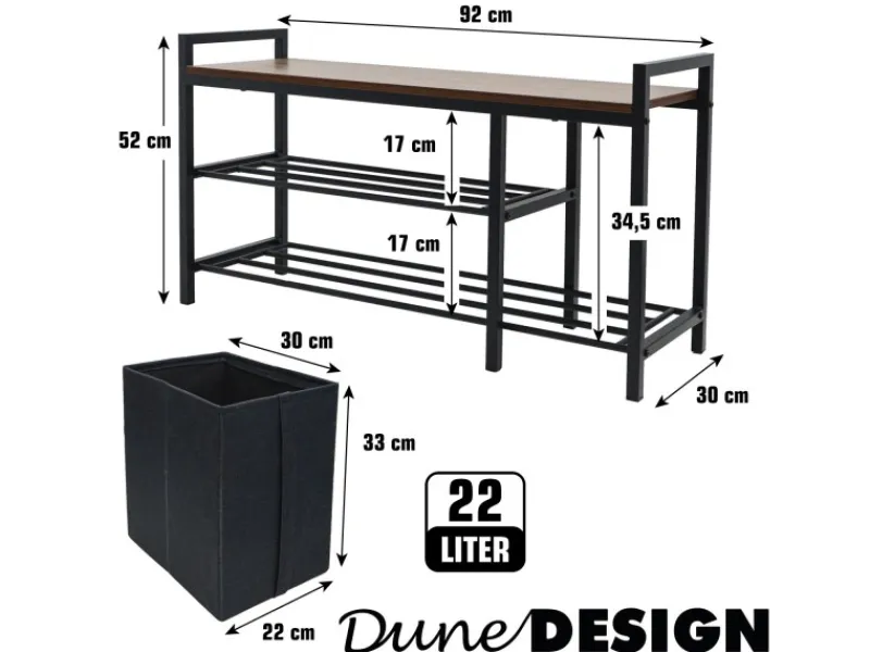DuneDesign Metall Schuhregal mit Sitzbank und Korb 92 x 30 x 52 cm