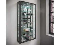 Vitrinen^ebuy24 VitrosaMaxi Vitrinenschrank Wandhängend mit Spiegel 2 Glastüren Inkl LED-Leuchten Schwarz