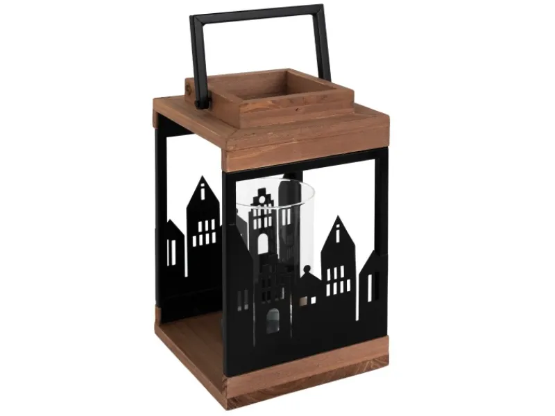 ECD Germany Holzlaterne 22cm Gartenlaterne mit Kerzenständer Henkel Stadt Muster