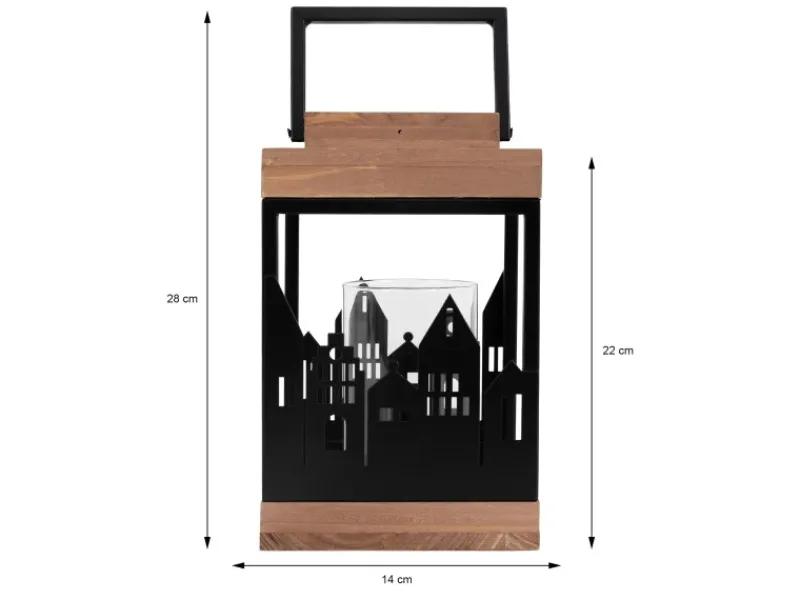 ECD Germany Holzlaterne 22cm Gartenlaterne mit Kerzenständer Henkel Stadt Muster