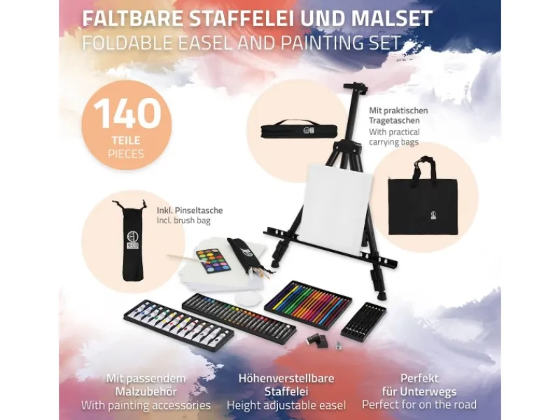 ECD Germany Bastelzubehör^140tlg XXL Malset mit Staffelei Künstler Acryl Zeichenset Buntstifte