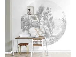 ESTAhome Selbstklebende Runde Tapete Dschungelmuster Grau Ø 140 cm 159086