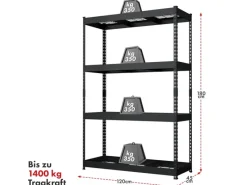 Floordirekt Regale Schwarz|Metallregale^Schwerlastregal Yukon Rivet 4 Böden 180 x 120 x 45 cm