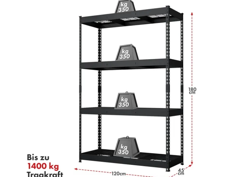 Floordirekt Regale Schwarz|Metallregale^Schwerlastregal Yukon Rivet 4 Böden 180 x 120 x 45 cm