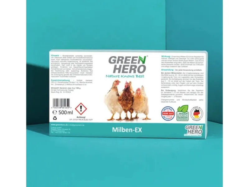 GreenHero Kleintierbedarf^Milben-Ex Milbenspray für Hühner - aus Palmarosa Blättern
