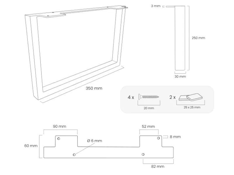 HEVVA Möbelbein GRAZ 25 cm Hoch 35 cm Tief 1 Stück Rohstahl-Klarlack