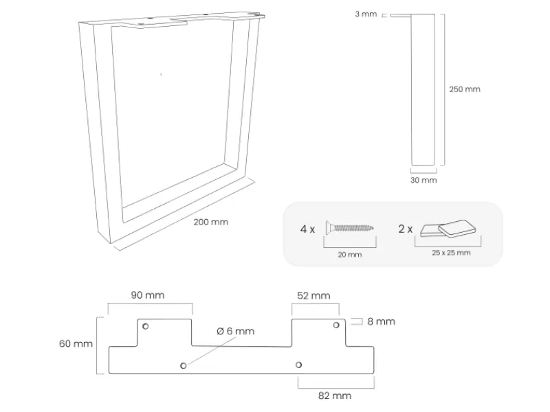 HEVVA Möbelfüße GRAZ 25 cm Hoch 20 cm Tief 2er Set Rohstahl-Klarlack