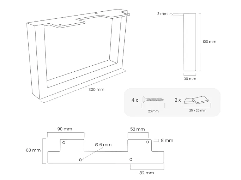 Klarlacke^HEVVA Möbelfüße GRAZ 10 cm Hoch 30 cm Tief 2er Set Rohstahl-Klarlack