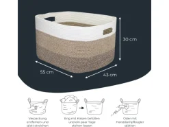 Aufbewahrung^HMF XXL Wäschekorb Baumwolle Eckiger Aufbewahrungskorb Griffen 55 x 43 x 30 cm Weiß-Braun