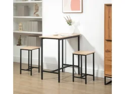 HOMCOM Hocker|Stühle^Bartisch mit 2 Stühlen Industrie-Design Naturholz Schwarz 80 x 50 x 85 cm