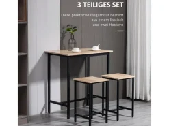 HOMCOM Hocker|Stühle^Bartisch mit 2 Stühlen Industrie-Design Naturholz Schwarz 80 x 50 x 85 cm