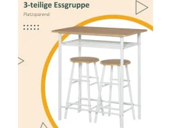 HOMCOM Bartisch Set 3-Teilig mit Lagerregal MDF-Platte Weiß Eiche 80 x 50 x 90 cm