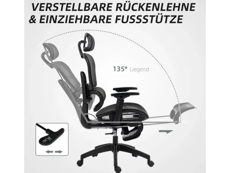 HOMCOM Bürostuhl mit Armlehne Polyester Schwarz 66L x 64B x 114-122H cm