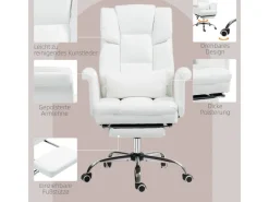 HOMCOM Kissen|Stühle^Bürostuhl mit Liegefunktion Kunstleder Weiß 69L x 65B x 107-115H cm