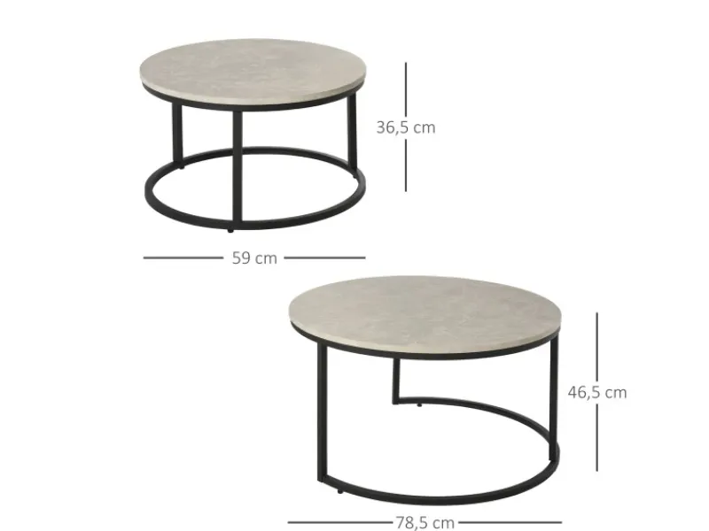 HOMCOM Couchtisch 2er-Set mit Metallgestell Stapelbar für Wohnzimmer Grau