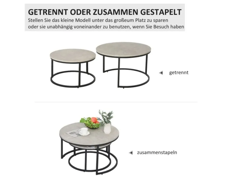 HOMCOM Couchtisch 2er-Set mit Metallgestell Stapelbar für Wohnzimmer Grau