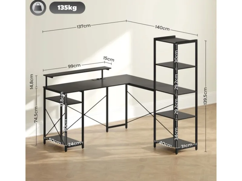 HOMCOM Eckschreibtisch Spanplatte Metall Schwarz 137L x 140B x 139,5H cm