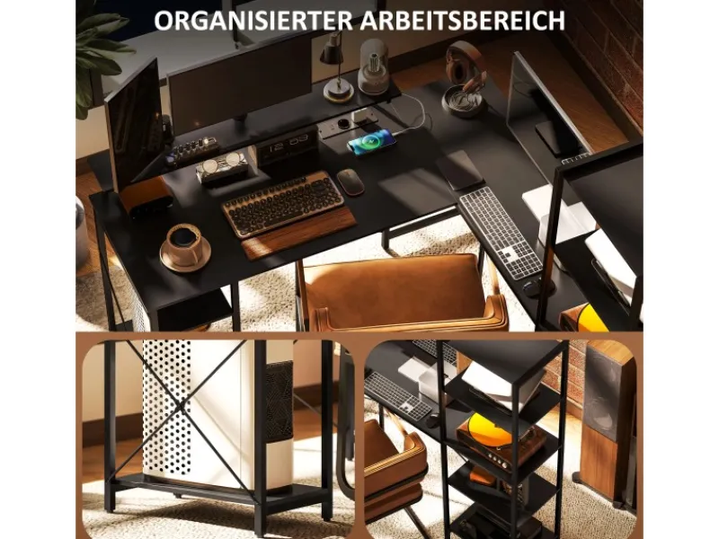 HOMCOM Eckschreibtisch Spanplatte Metall Schwarz 137L x 140B x 139,5H cm