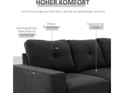 HOMCOM Ecksofa Leinen Gummiholz Schwarz 193L x 136B x 85H cm