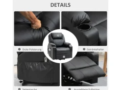 HOMCOM Sessel^Elektrischer Aufstehsessel Kunstleder Stahl Schwarz 88L x 99B x 106H cm