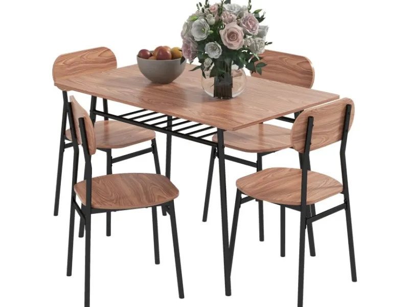 HOMCOM Essgruppe mit 4 Stühlen MDF Stahl Teak 110L x 70B x 75H cm