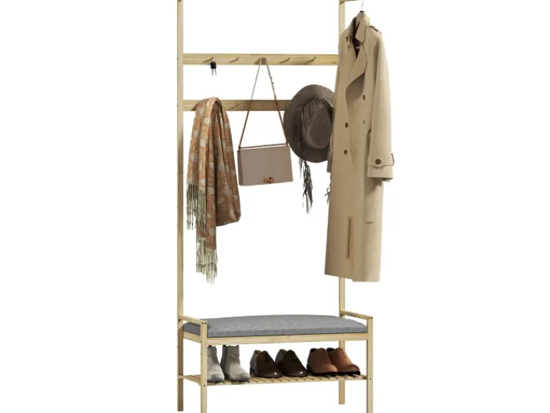 HOMCOM Kissen^Garderobe mit Schuhbank Bambus Naturholz 73,5L x 34B x 171H cm