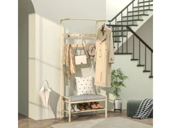 HOMCOM Kissen^Garderobe mit Schuhbank Bambus Naturholz 73,5L x 34B x 171H cm