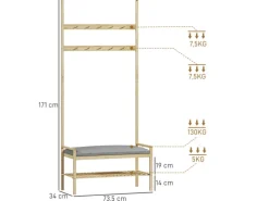 HOMCOM Kissen^Garderobe mit Schuhbank Bambus Naturholz 73,5L x 34B x 171H cm